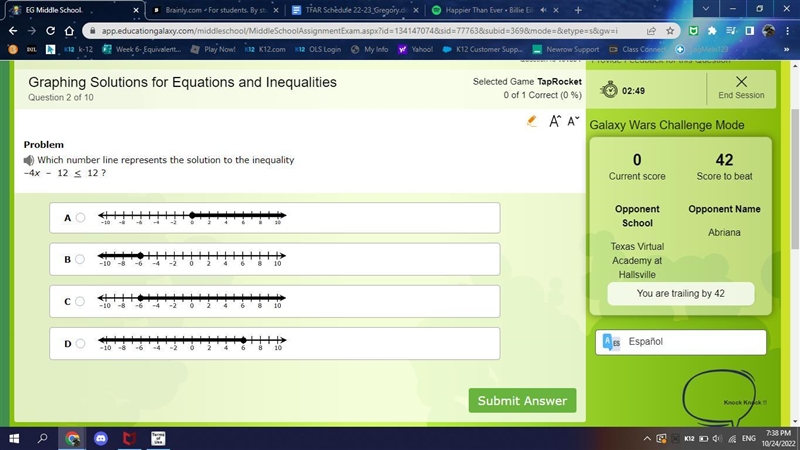 Which number line represents the solution to the inequality –4x – 12 < 12 ? PLEASE-example-1