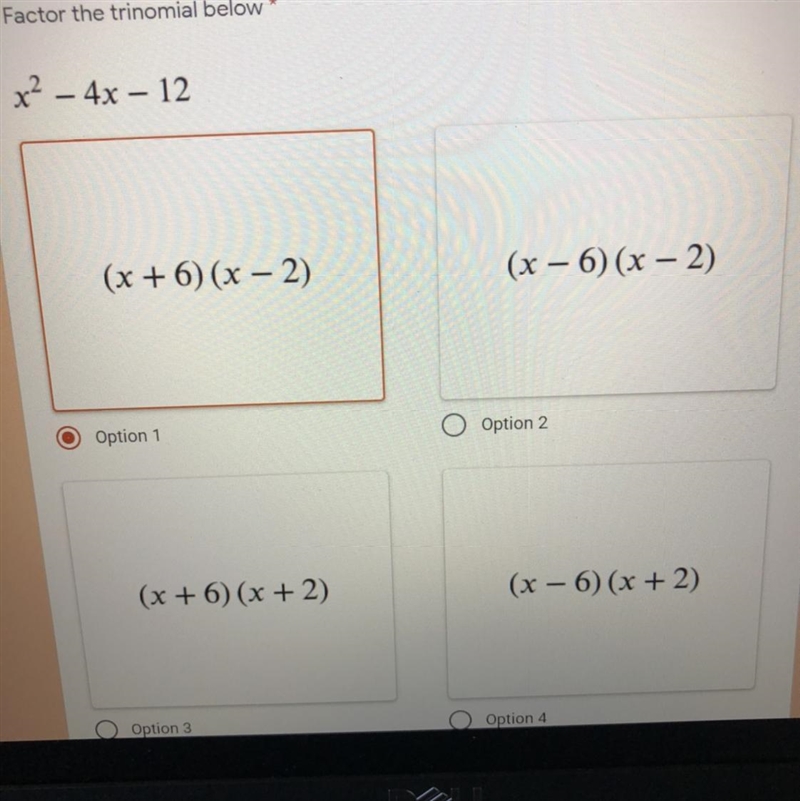 Factor the trinomial below*1 pointx2 - 4x – 12(x + 6) (x – 2)(x – 6) (x - 2)Option-example-1