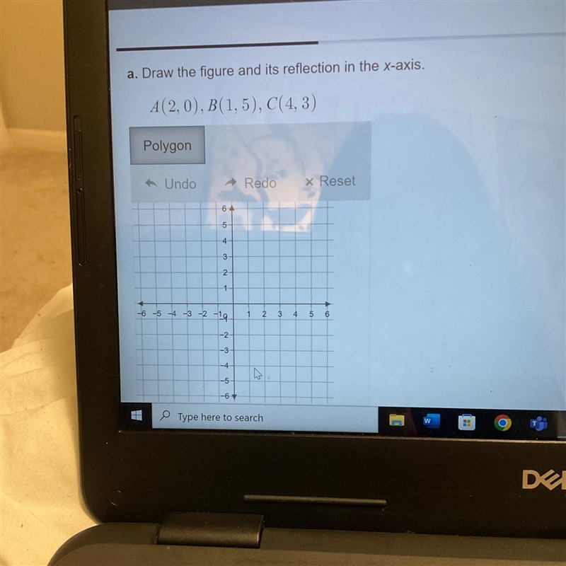 A. Draw the figure and its reflection in the x-axis. A(2,0), B(1,5), C(4,3)-example-1