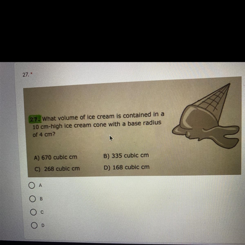 What volume of ice cream is contained in a 10 cm-high ice cream cone with a base radius-example-1