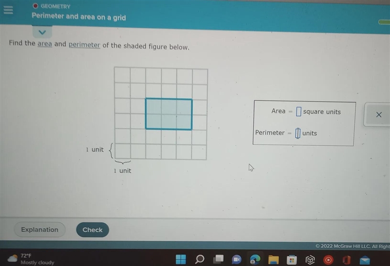 GEOMETRY Perimeter and area on a grid Find the area and perimeter of the shaded figure-example-1