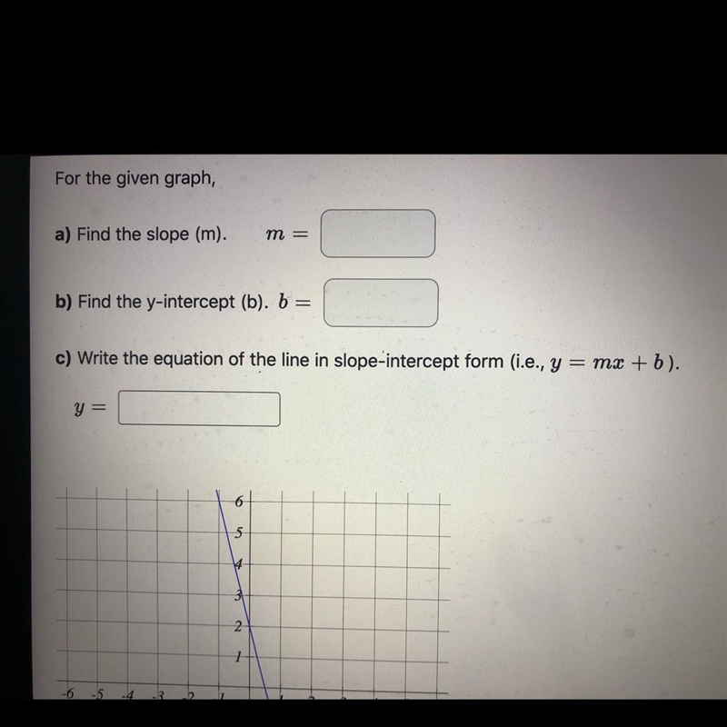 For the given graph, A) Find slope (m) m= b) Find the y-intercept (b) b= c) Write-example-1