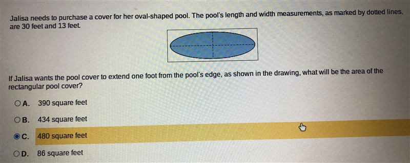 Jalisa needs to purchase a cover for her oval-shaped pool. The pool's length and width-example-1