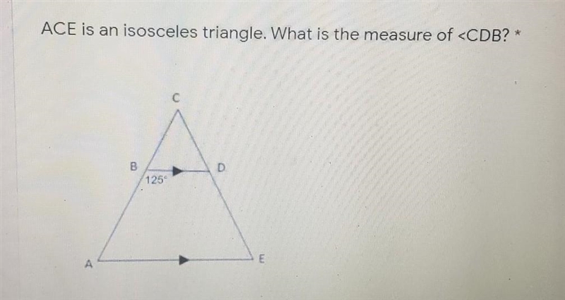 URGENT PLEASE HELP ACE is an isosceles triangle. What is the measure of <CDB​-example-1