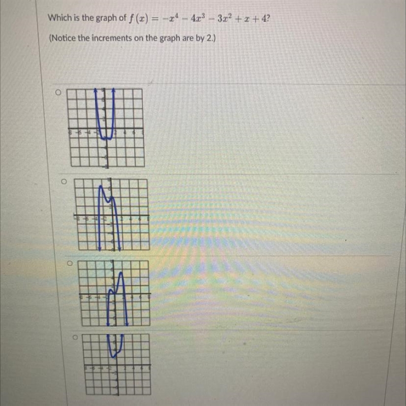 Which is the graph of f(x) = (Notice the increments on the graph are by 2.)-example-1