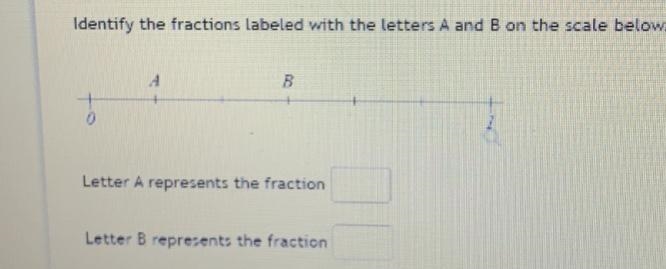 Identify the fractions labeled with the letters A and B on the scale below.ВLetter-example-1