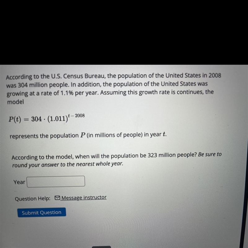 According to the model, when will the population be 323 million people? Be sure to-example-1