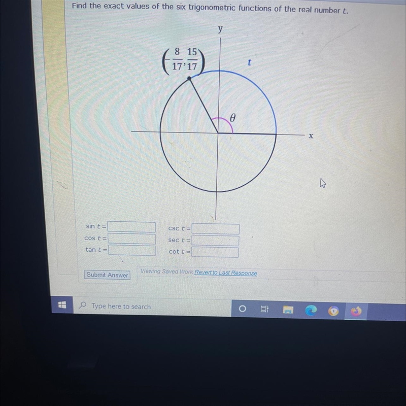 Find the exact values of the six trigonometric functions of the real number t-example-1