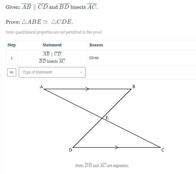 Given: AB is parallel to CD and BD bisects AC. Prove: triangle ABE is congruent to-example-1