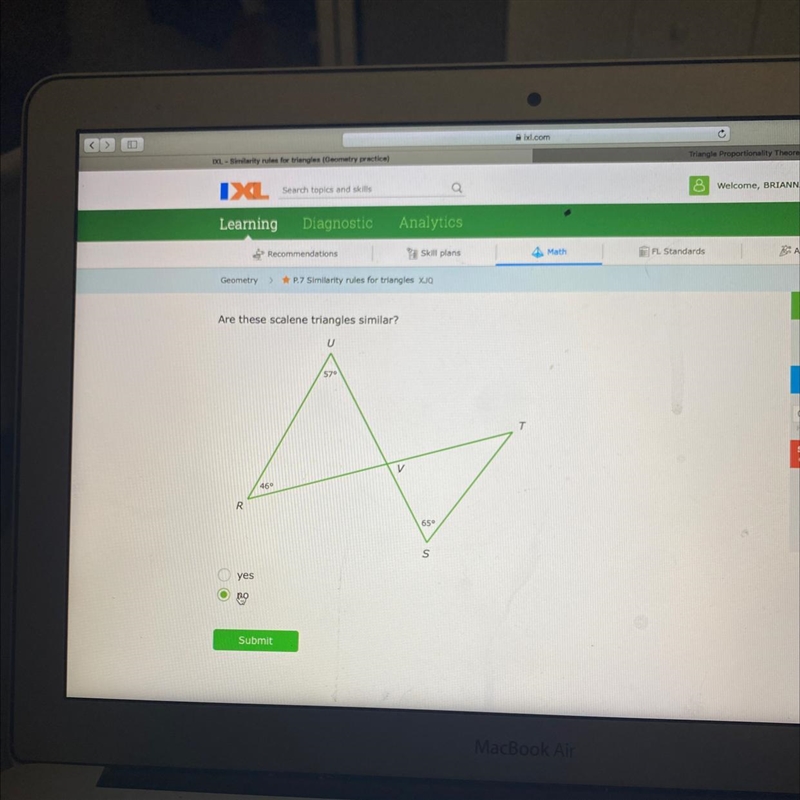 Are these scalene triangles similar? U 570 T v 46° R 65° S yes Submit-example-1