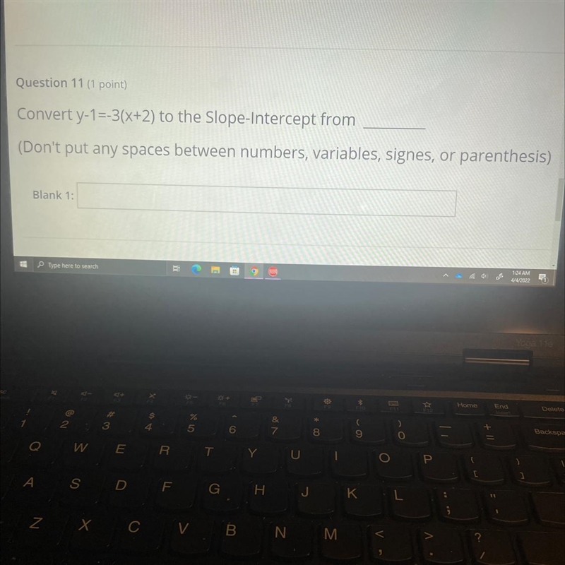 Convert y-1=-3(x+2) to the slope-Intercept form (don’t put any spaces between numbers-example-1