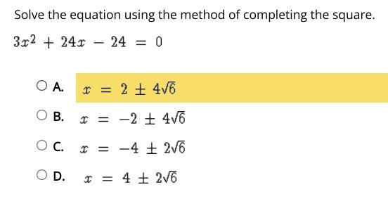 Select the correct answer.Solve the equation using the method of completing the square-example-1