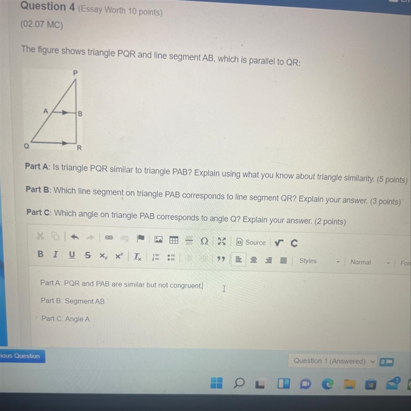 The figure shows triangle POR and line segment AB, which is parallel to QR: А - В-example-1