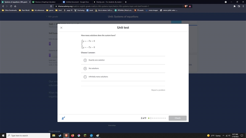 How many solutions does this system have? y=7x+8 y=7x-8 A. Exactly one solution B-example-1