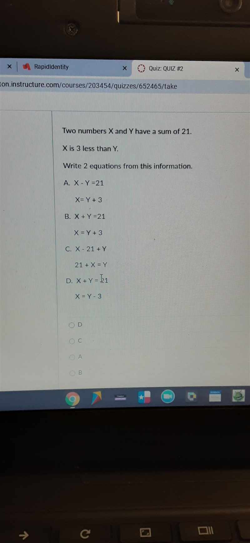 Two numbers X and Y have a sum of 21. X is 3 less than Y. Write 2 equations from this-example-1