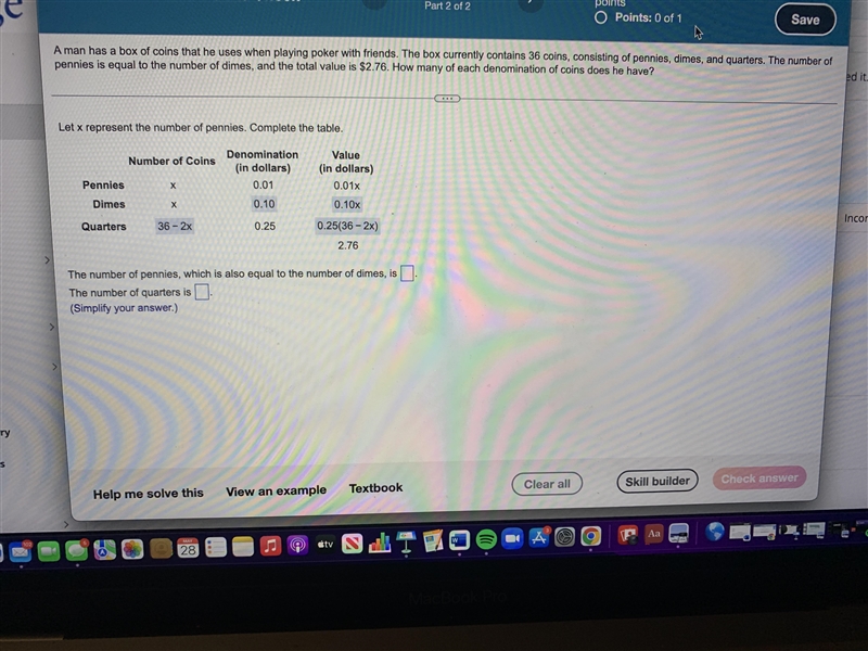 Hello the question is in the picture. I just need help finding the number of Pennie-example-1