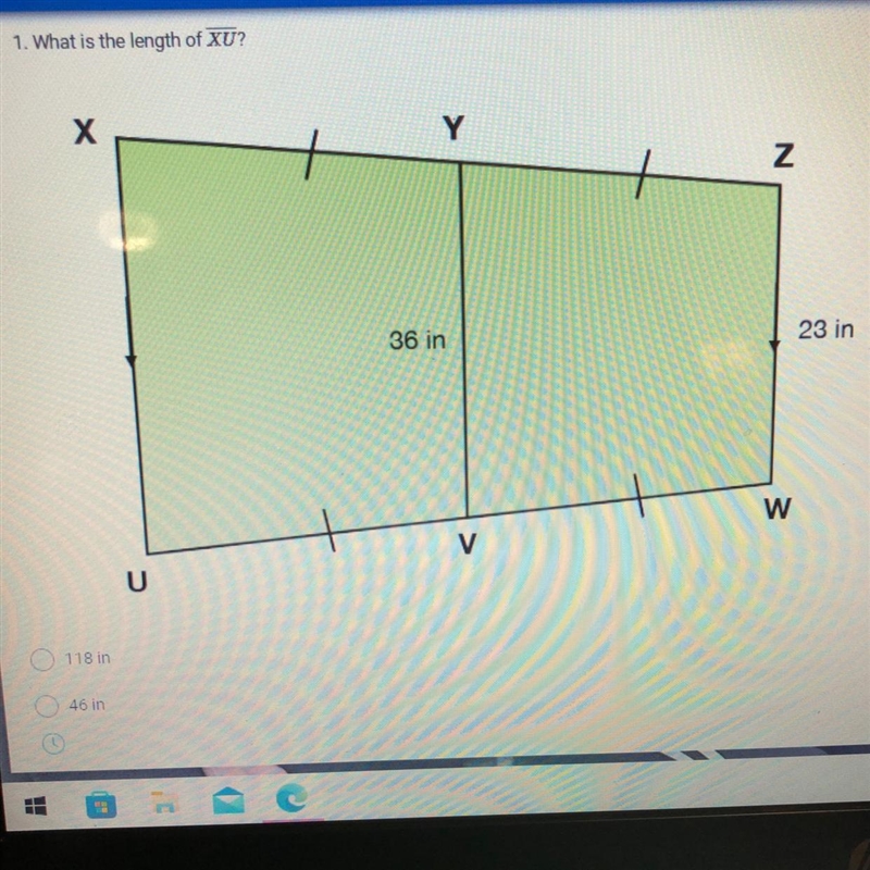 1. What is the length of XU? X U Y 36 in V Z W 23 in-example-1