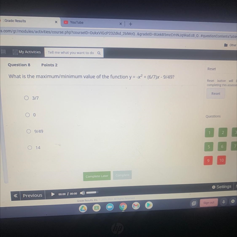 What is the maximum/minimum value of the function y = -X2 + (6/7) - 9/49?-example-1