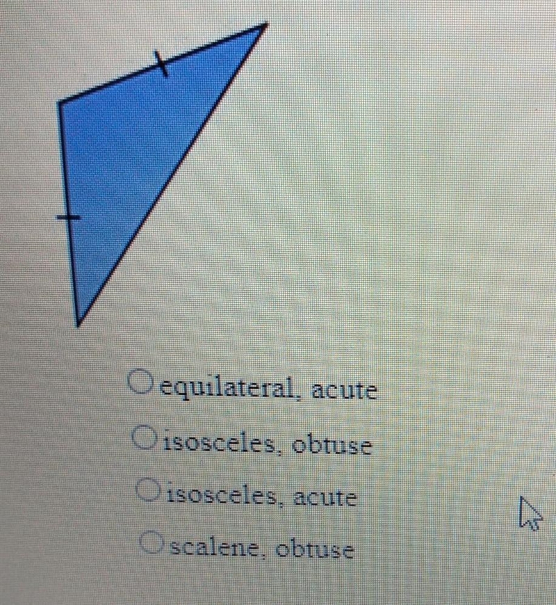 Classify the triangle by side length and angle measurement equilateral, acute isosceles-example-1