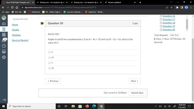 Angles A and B are complementary. If sin A = 4x + 10 and cos B = 2x + 16, what is-example-1