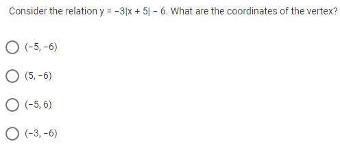 Consider the relation y = −3|x + 5| − 6. What are the coordinates of the vertex?-example-1