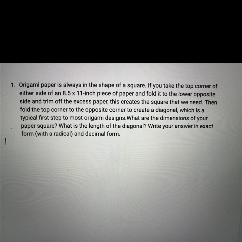 What are the dimensions of your paper square? What is the length of the diagonal? Write-example-1