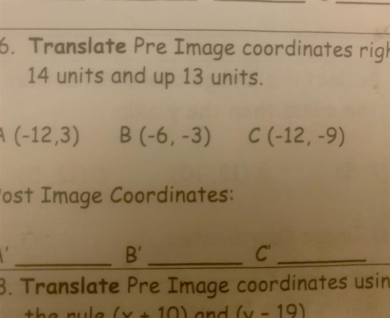 Translate Pre image coordinates right 14 units and up 13 units.-example-1