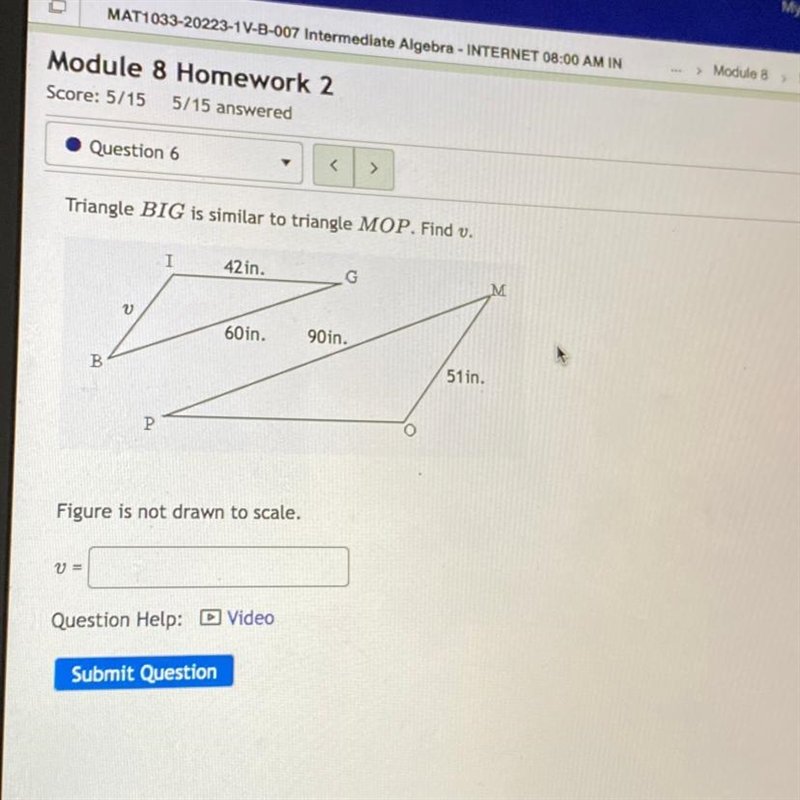 Triangle BIG is similar to triangle MOP. Find v-example-1