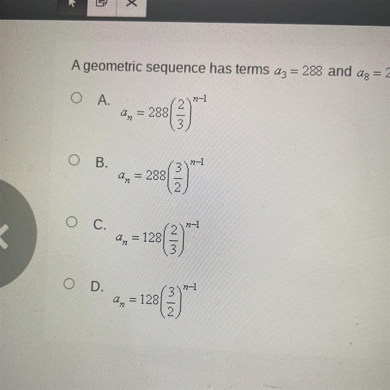 A geometric sequence has terms a3 = 288 and a8= 2,187. Write the explicit formula-example-1