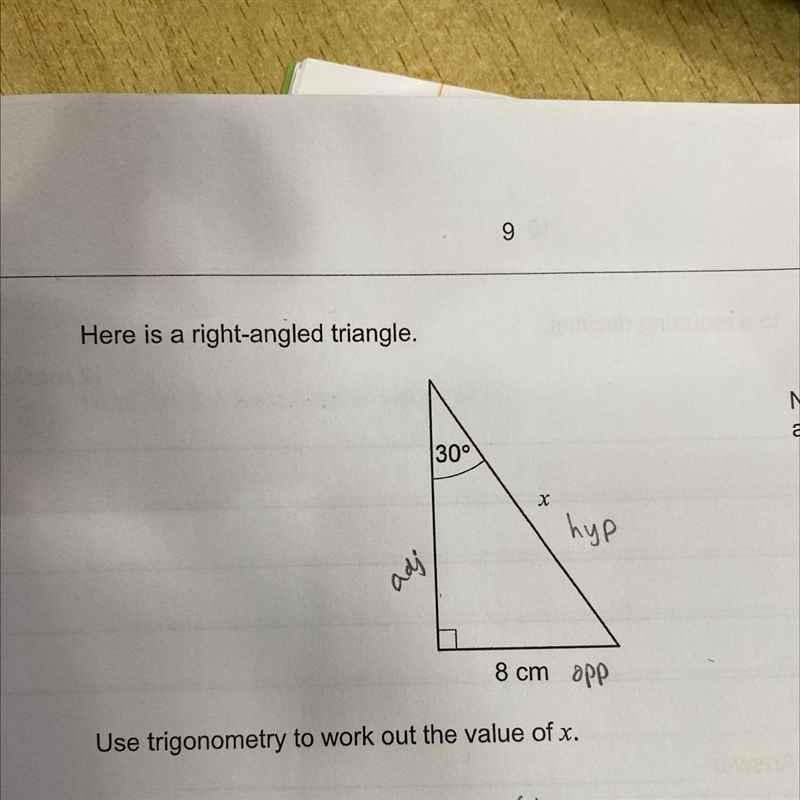 Here is a right angled triangle work out the value of x using trigonometry-example-1