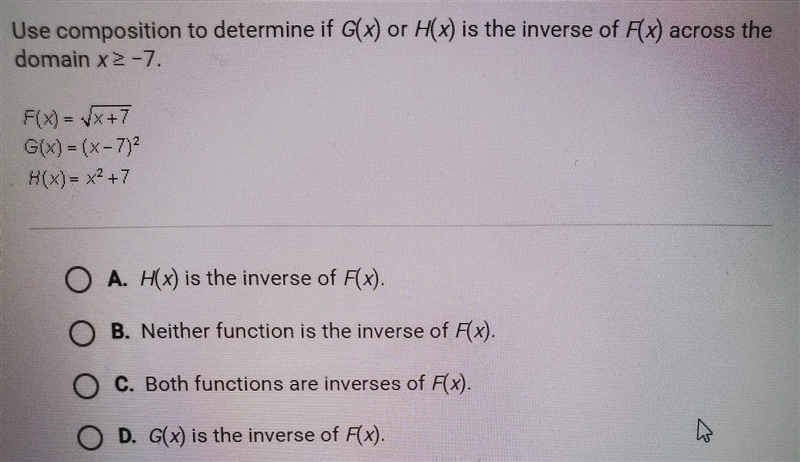 Use composition to determine if G(x) or H(x) is the inverse of F(x) across the domain-example-1