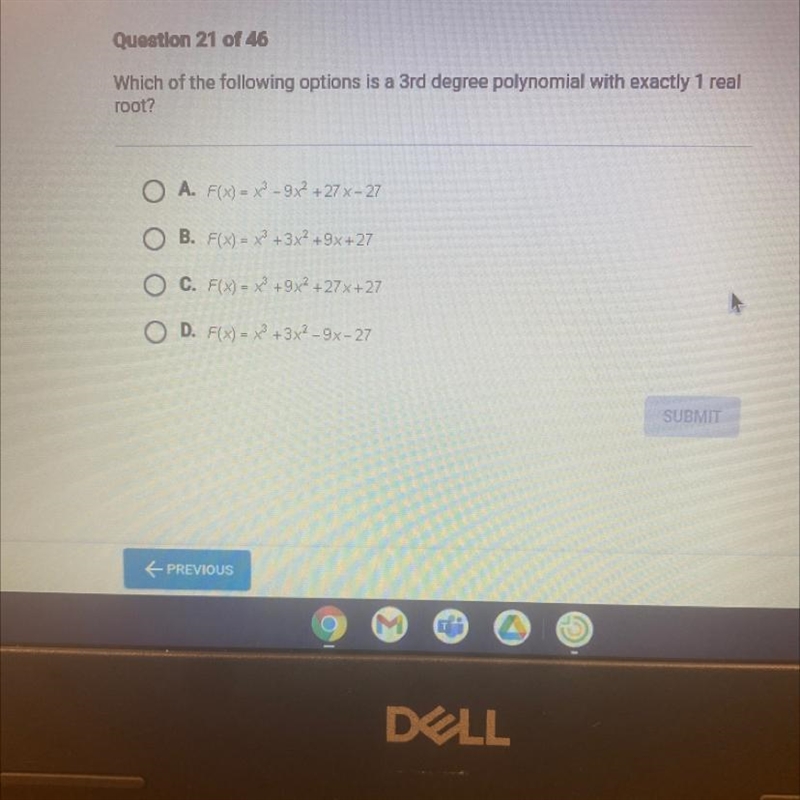 Which of the following options is a 3rd degree polynomial with exactly 1 real root-example-1