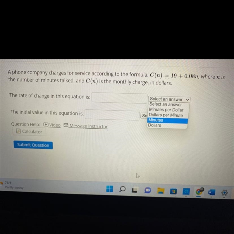 A phone company charges for service according to the formula: C(n) = 19 + 0.08n , where-example-1