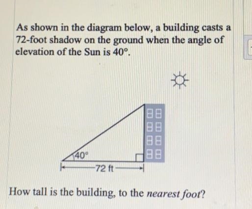 As shown in the diagram below, a building casts a72-foot shadow on the ground when-example-1