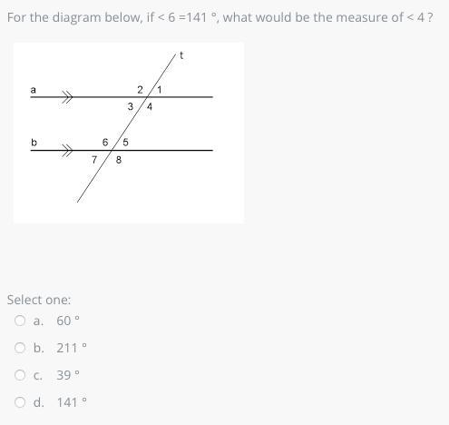 For the diagram below, if < 6 =141 °, what would be the measure of < 4 ?-example-1