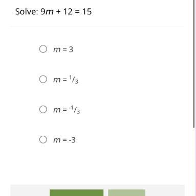 Solve: 9m + 12 = 15Solve: 9m + 12 = 15-example-1