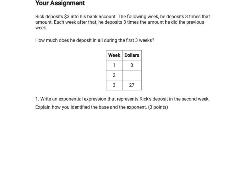 Rick deposits $3 into his bank account. The following week, he deposits 3 times that-example-1