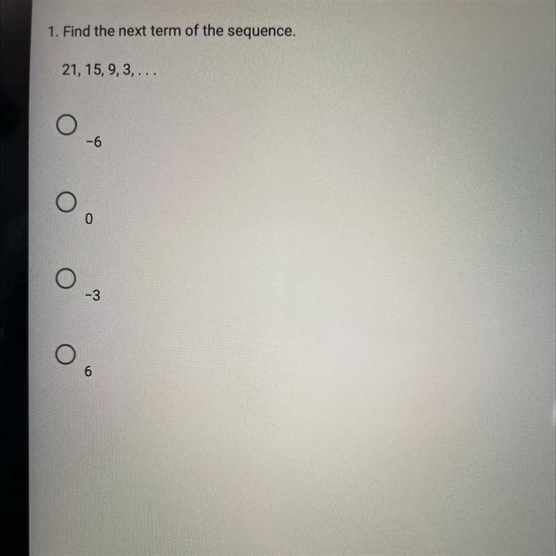 PLEASE HELP ME!!!!!!! Find the next term of the sequence. 21, 15, 9, 3,...-example-1