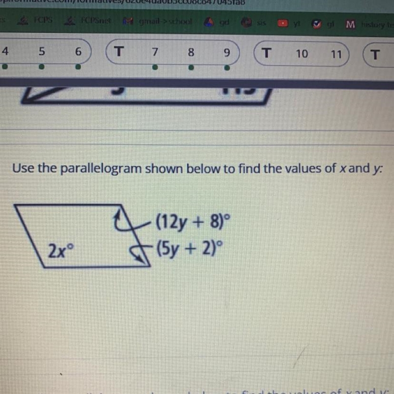 Use the parallelogram shown below to find the values of x and y:-example-1