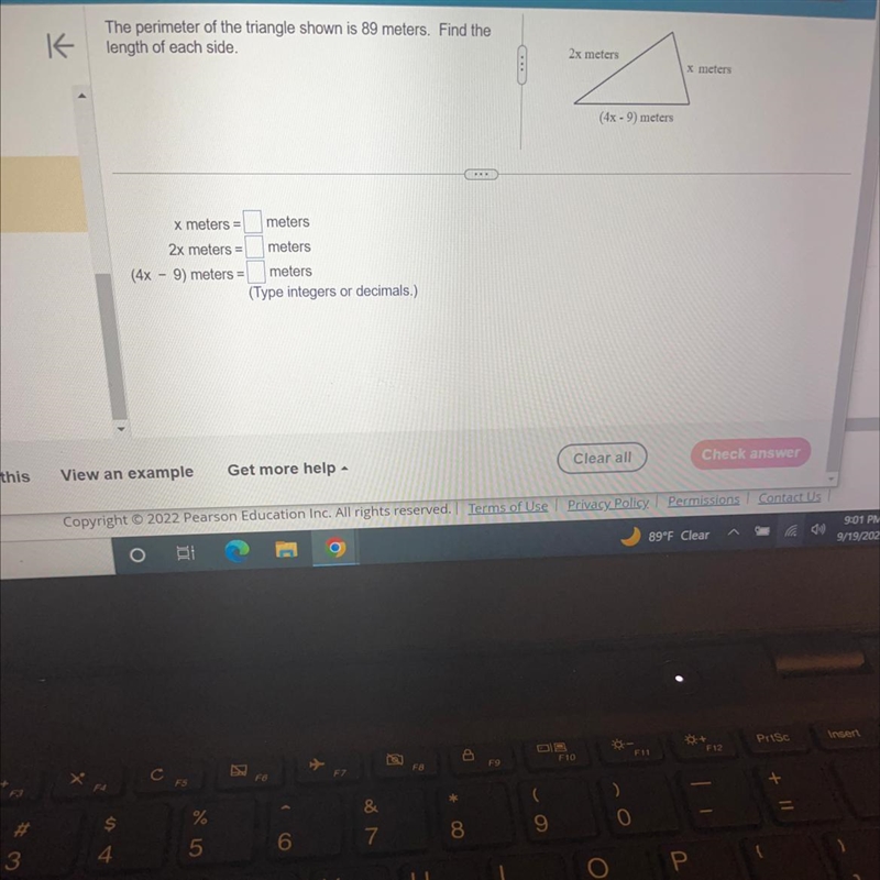 The perimeter of the triangle shown is 89 meters. Find the length of each side.-example-1