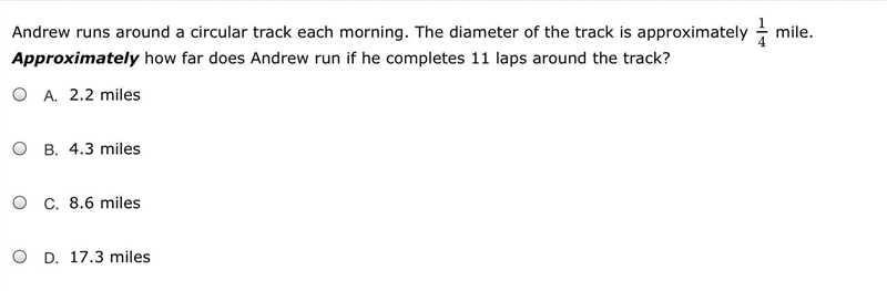 Andrew runs around a circular track each morning. The diameter of the track is approximately-example-1