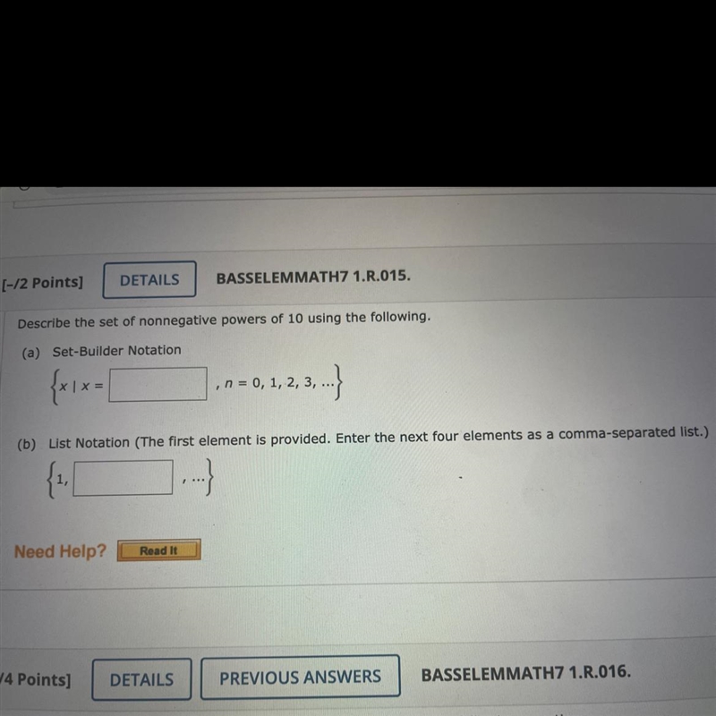 Describe the set of nonnegative powers of 10. A) set-builder notationB) list notation-example-1