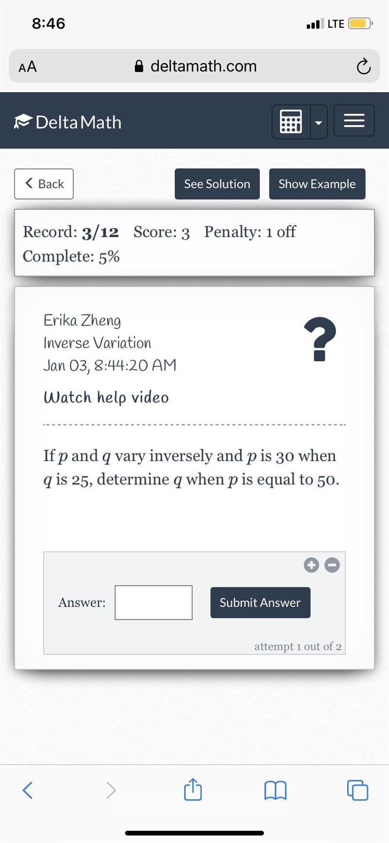 If pp and qq vary inversely and pp is 30 when qq is 25, determine qq when pp is equal-example-1