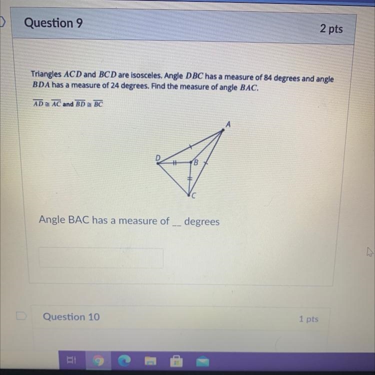 Triangles ACD and BCD are isosceles. Angle DBC has a measure of 84 degrees and angleBDA-example-1