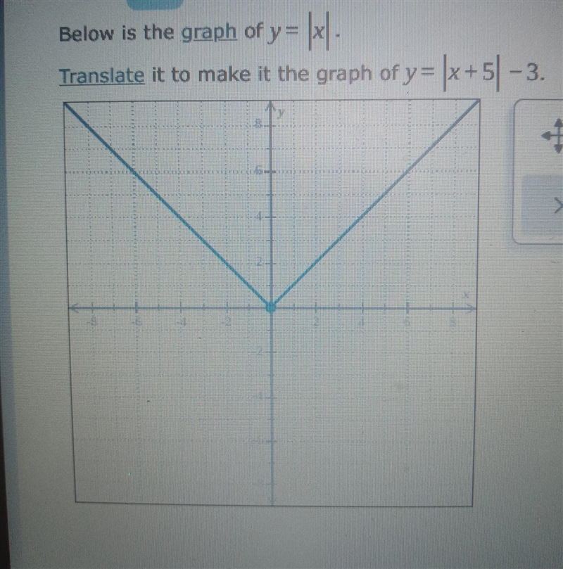 Below is the graph of y = |x| . Translate it to make it the graph of y=|x+5|-3.-example-1