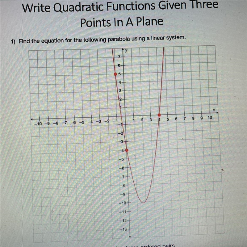 a) Write the three equations using three ordered pairs.EQ1:EQ2:EQ3:B) Write the linear-example-1