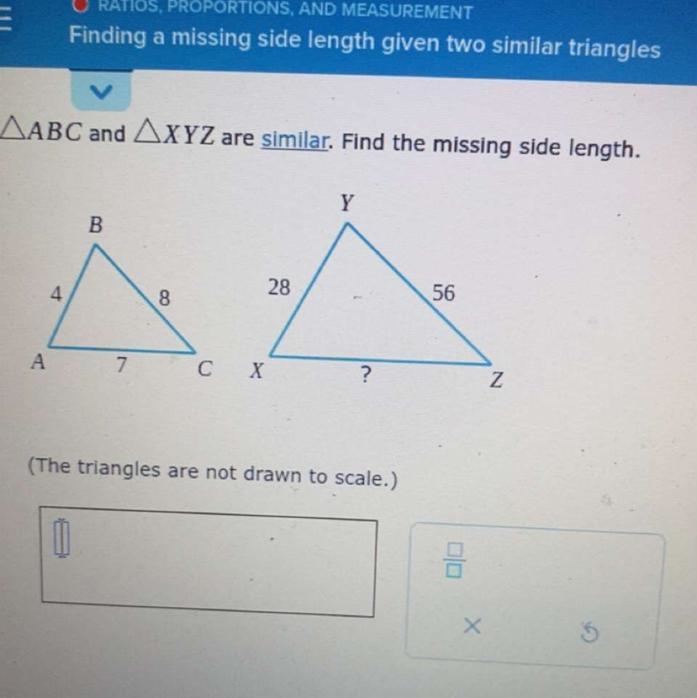 Find missing side length given two similar triangles-example-1