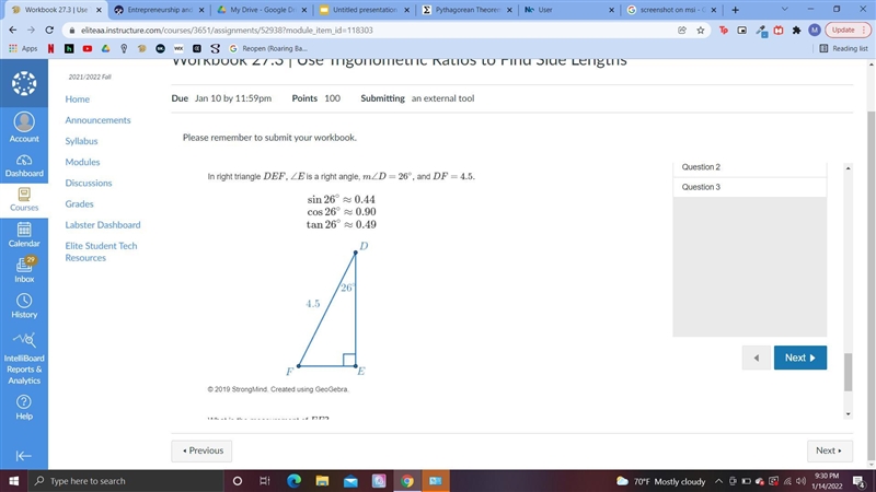 I need help working through a few math problems on trig.. What is EF?-example-1