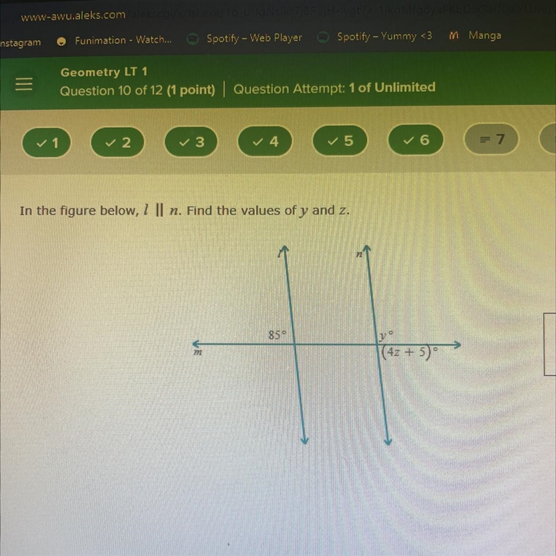 In the figure below, 7 || n. Find the values of y and z. 850 (4z + 5)-example-1