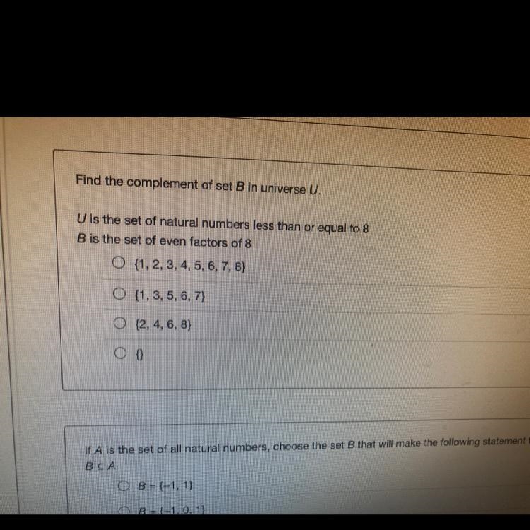 U is the set of natural numbers less than or equal to 8B is the set of even factors-example-1